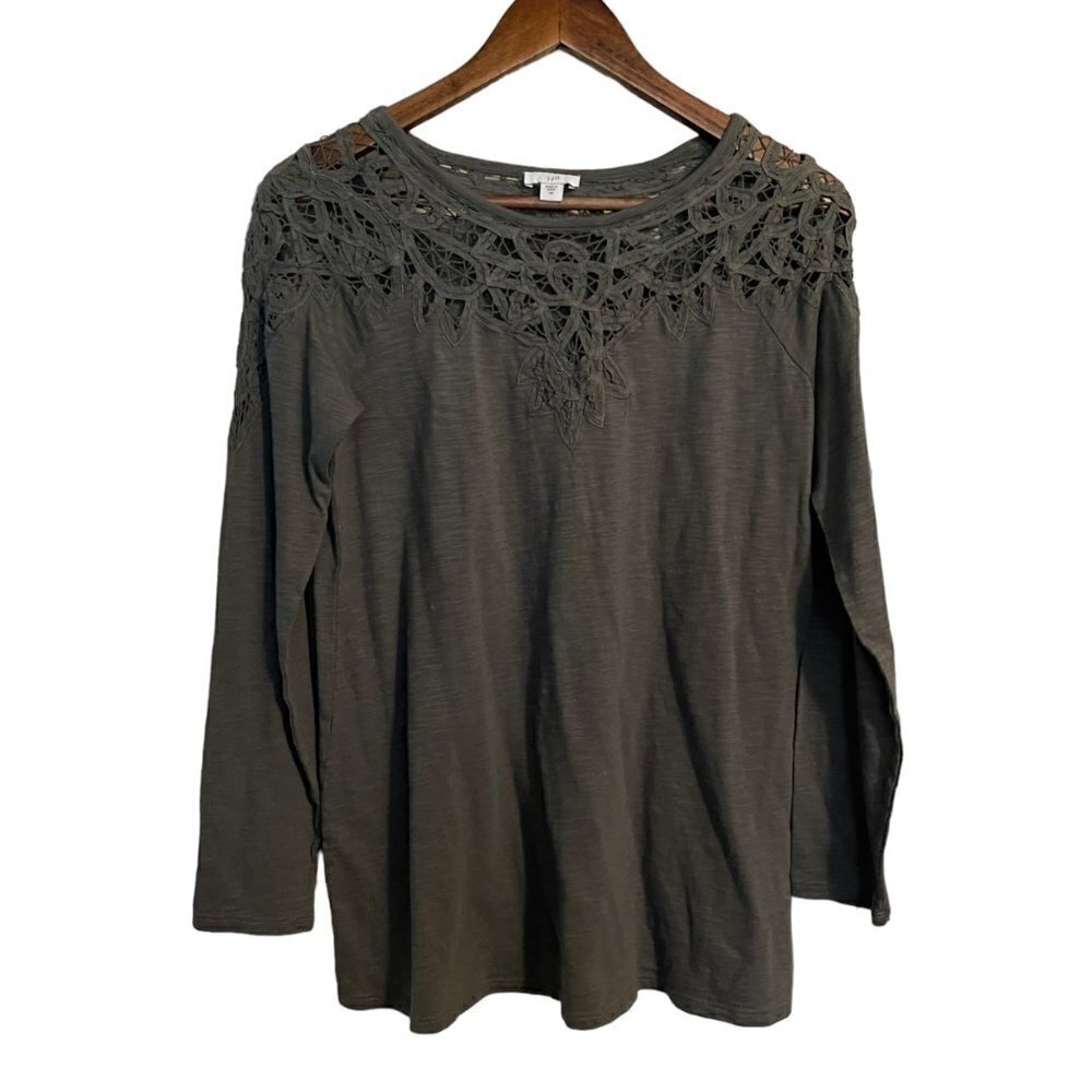J. Jill Womens Army Green Crochet Inset Long Sleeve Bohemian Blouse Size XS